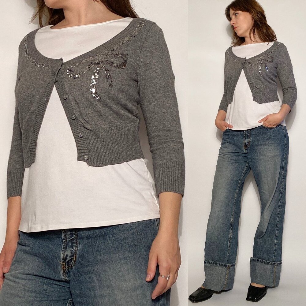 Vintage Y2K Forever 21 Grey Cropped Angora Shrug Cardigan w Sequin Bow! Medium